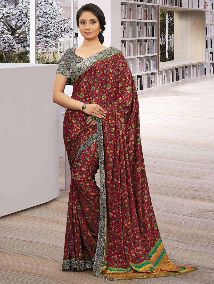 maroon crepe printed saree with blouse