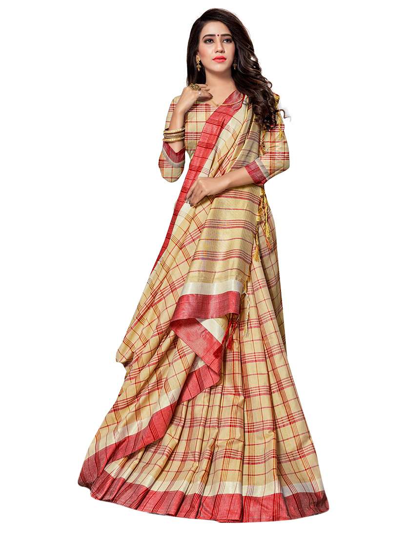 women's checks beige colored saree with blouse