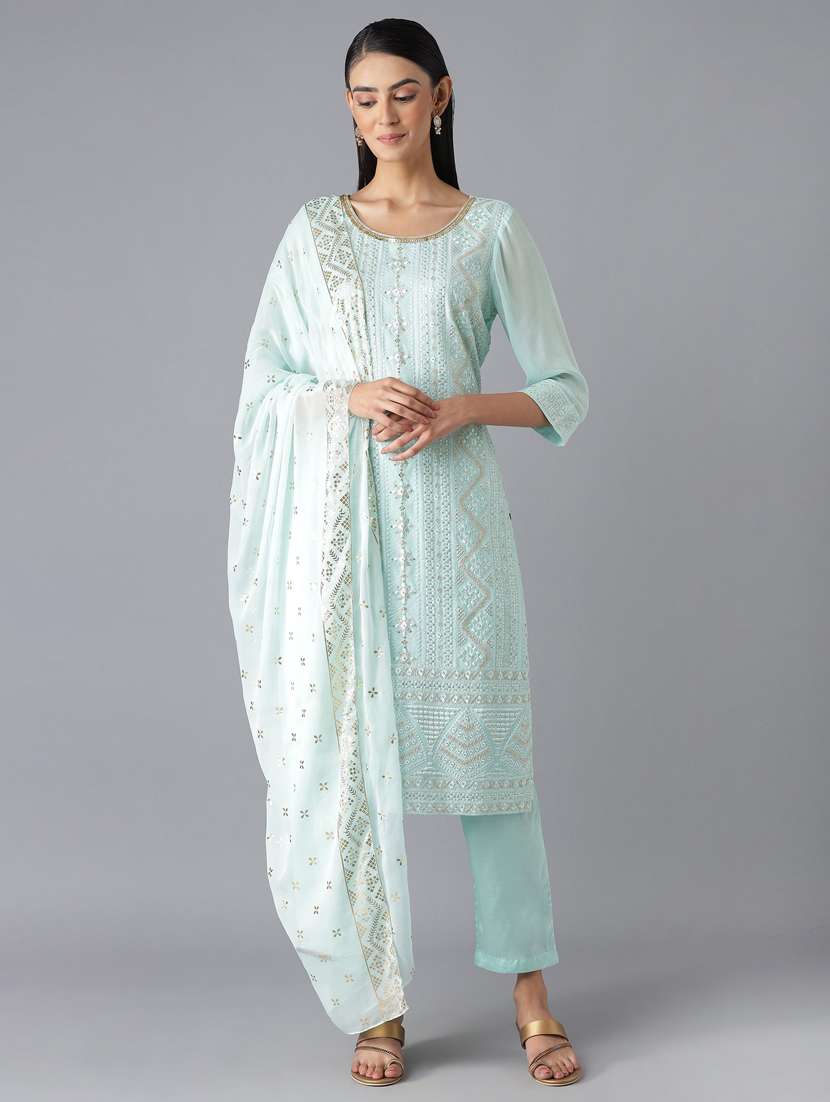 blue embroidered kurta pant set