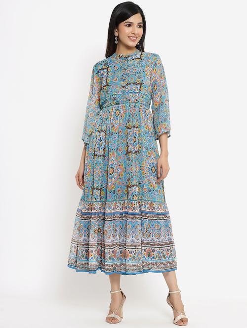 light blue printed tiered ethnic dress - 18217103 - Standard Image - 0