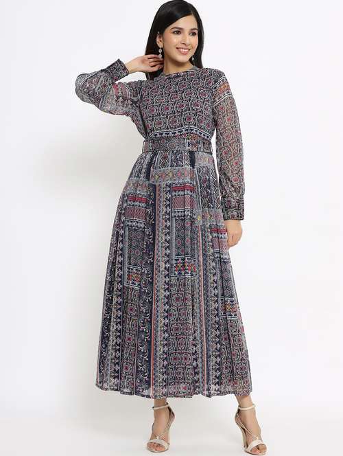 navy blue printed flared ethnic dress - 18217105 -  Standard Image - 0