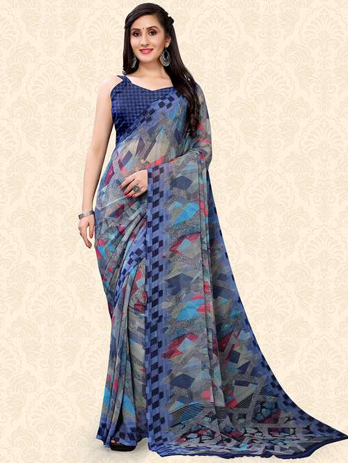 abstract printed saree with blouse - 18217205 - Standard Image - 0