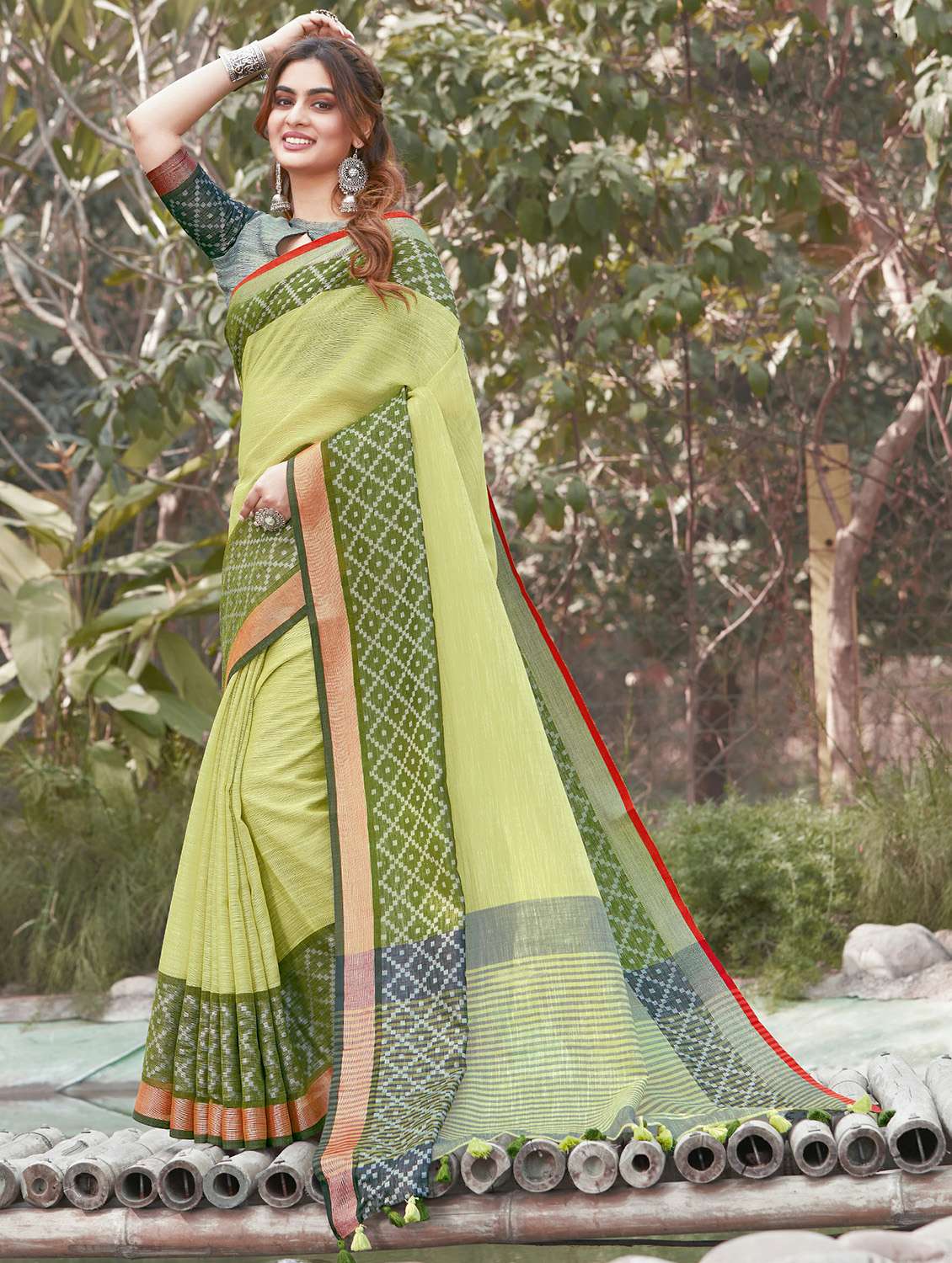 women's self design lime colored saree with blouse