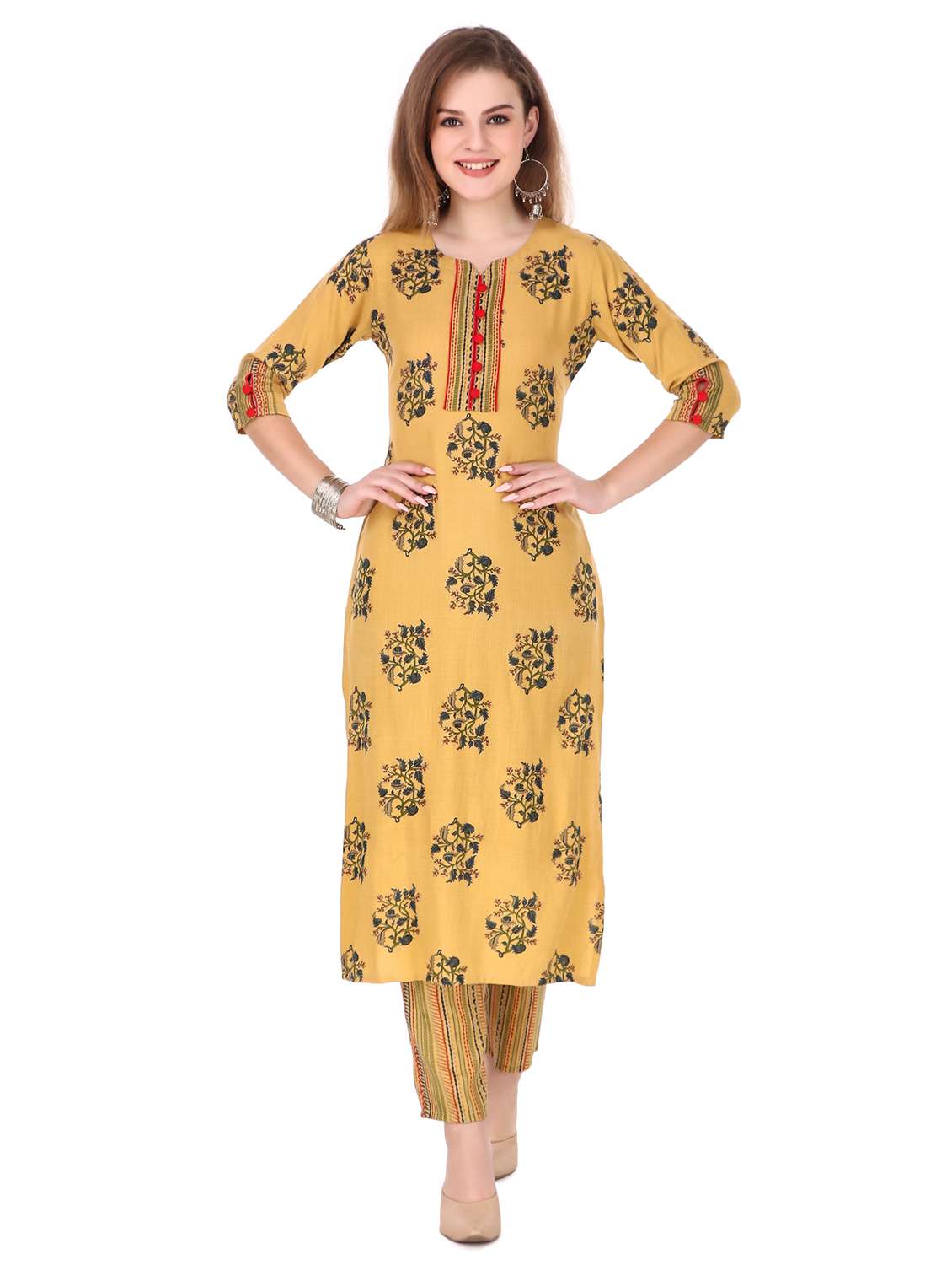 yellow rayon kurta pant  set - 18217479 -  Zoom Image - 0