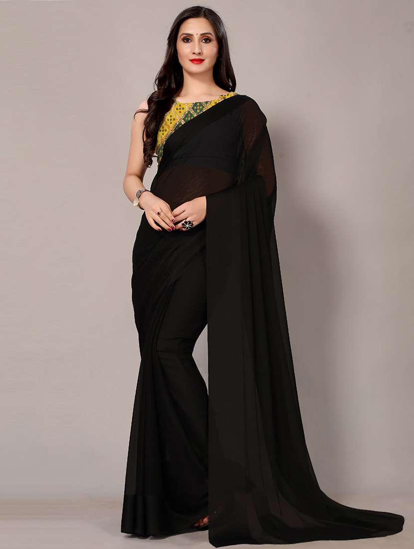 black chiffon printed saree with blouse - 18217704 - Zoom Image - 0