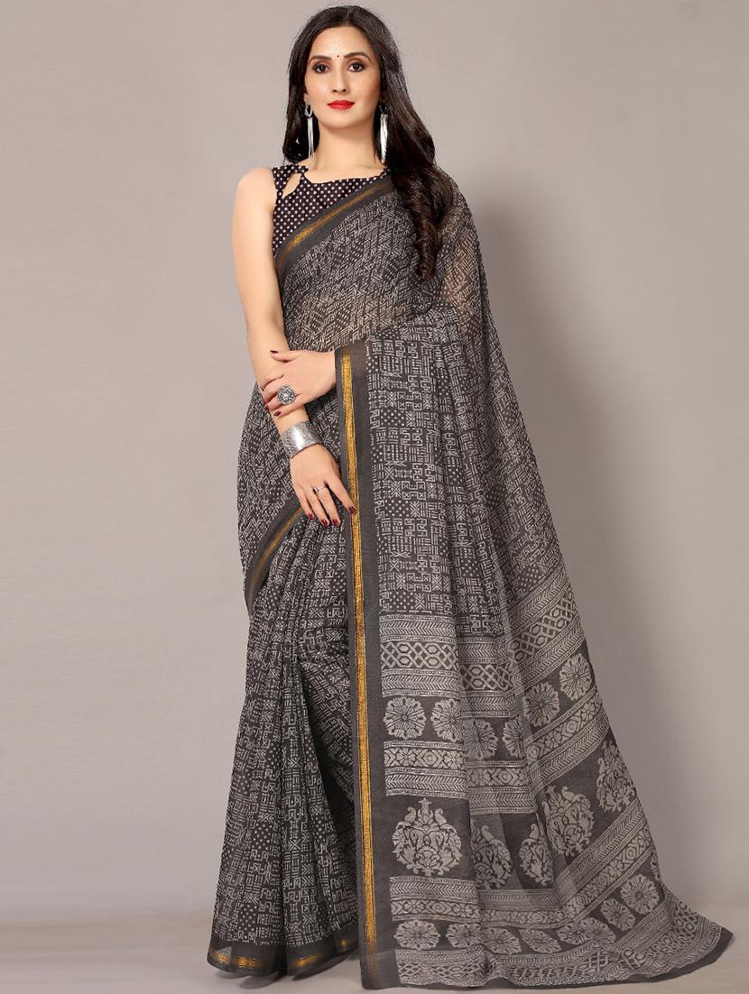 black cotton blend printed saree with blouse - 18217716 - Zoom Image - 0