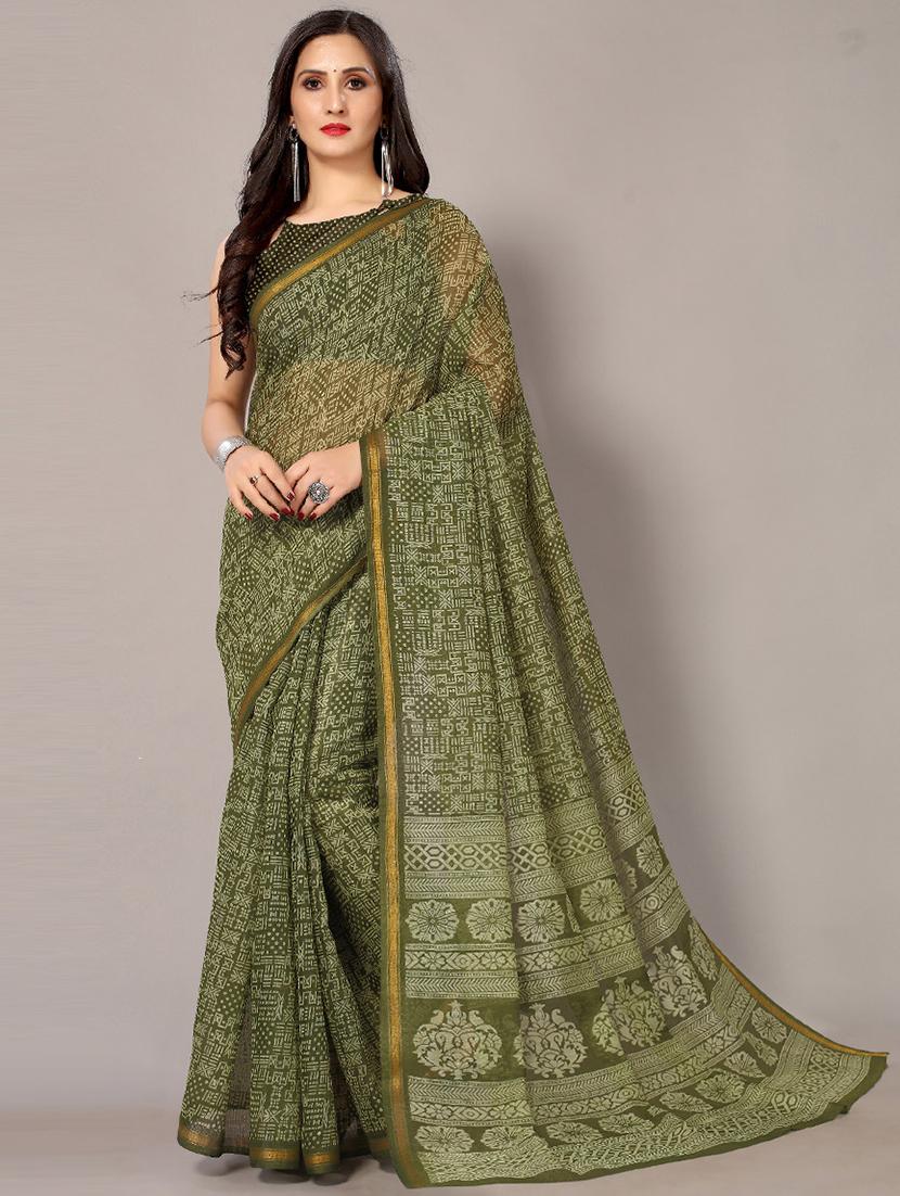 green cotton blend printed saree with blouse - 18217718 - Zoom Image - 0