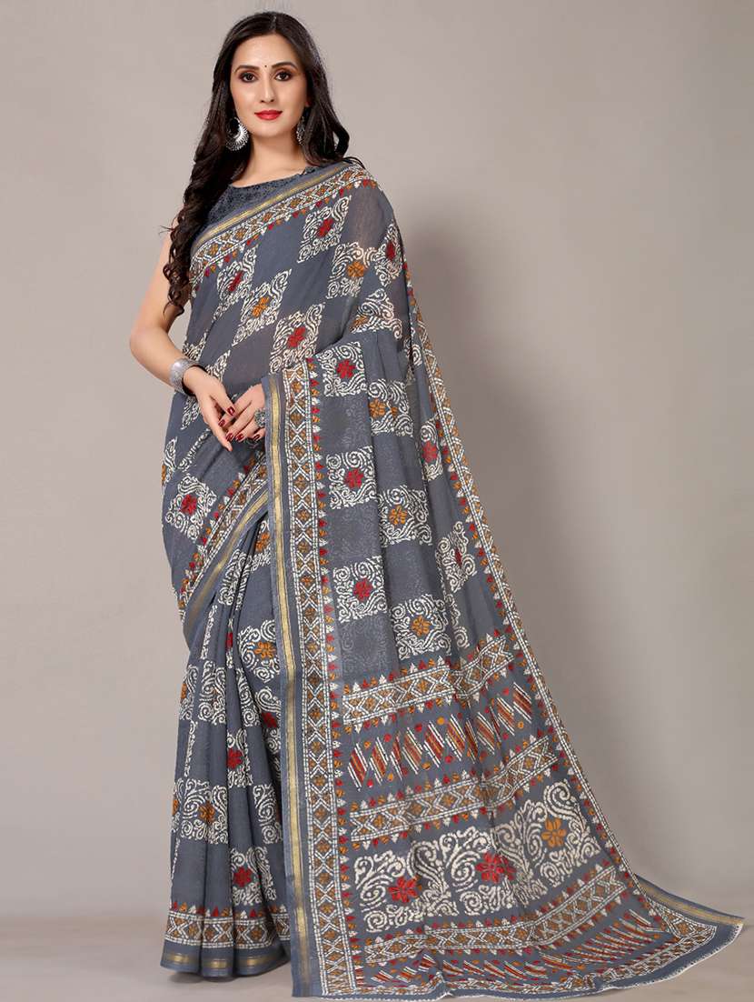 grey cotton blend printed saree with blouse - 18217731 - Zoom Image - 0