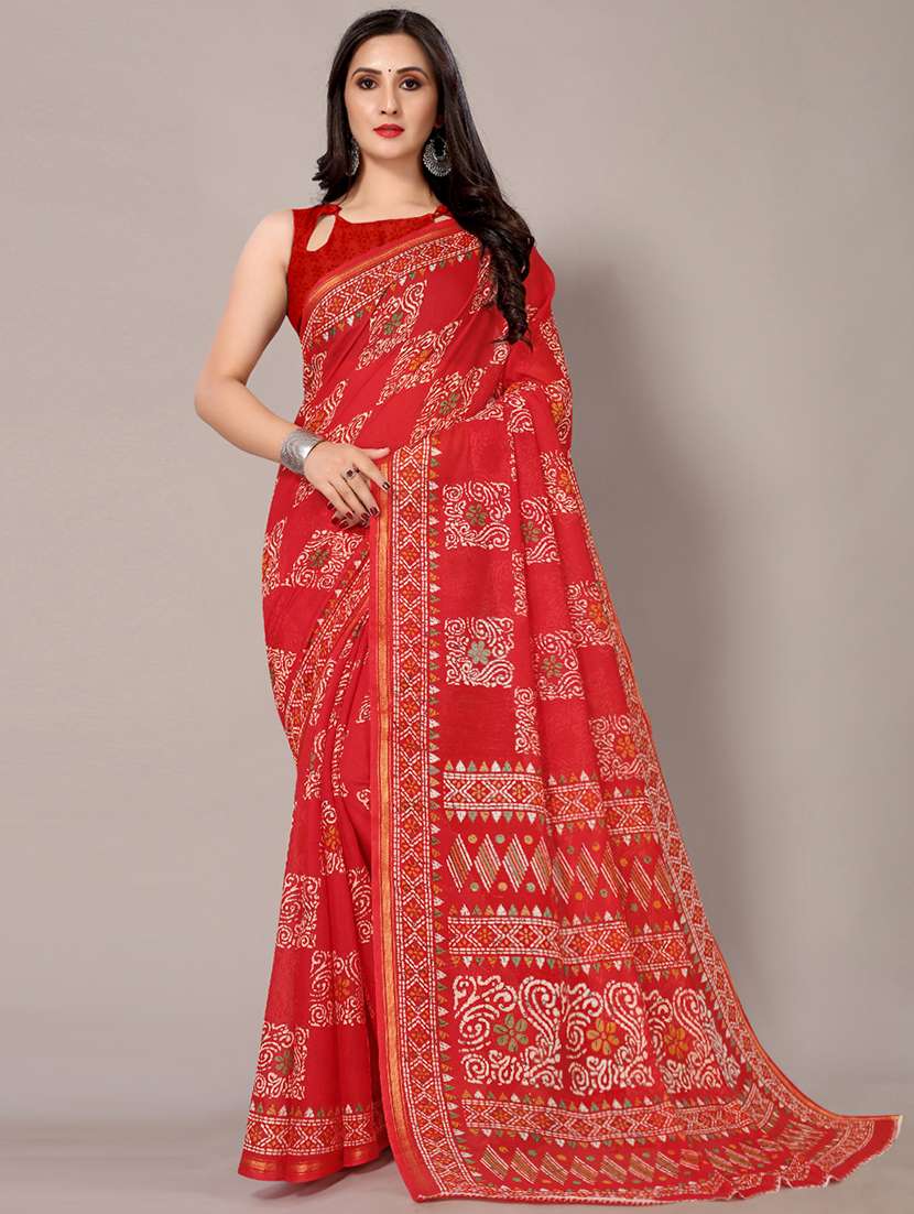 red cotton blend printed saree with blouse - 18217735 - Zoom Image - 0