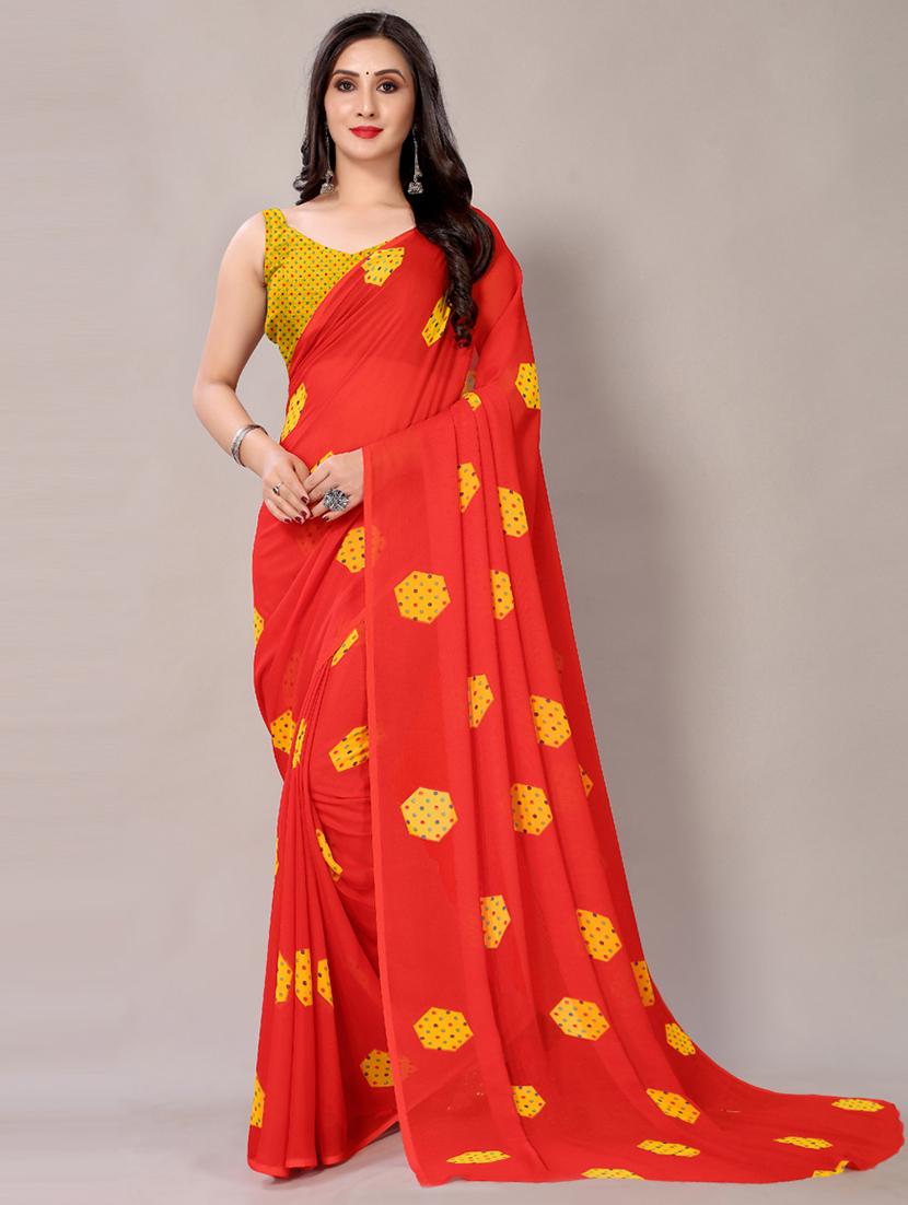 red georgette printed saree with blouse - 18217747 - Zoom Image - 0