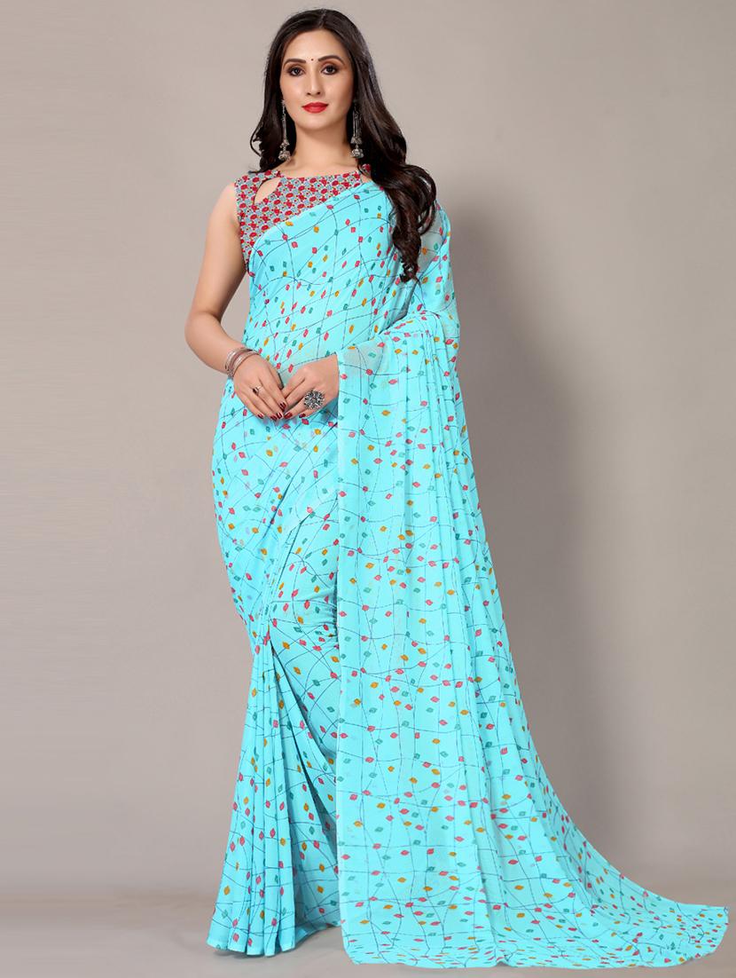 blue georgette printed saree with blouse - 18217748 - Zoom Image - 0