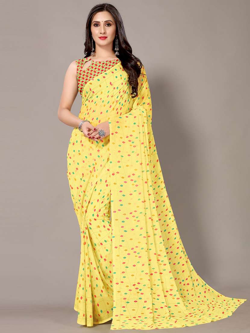 yellow georgette printed saree with blouse - 18217753 - Zoom Image - 0