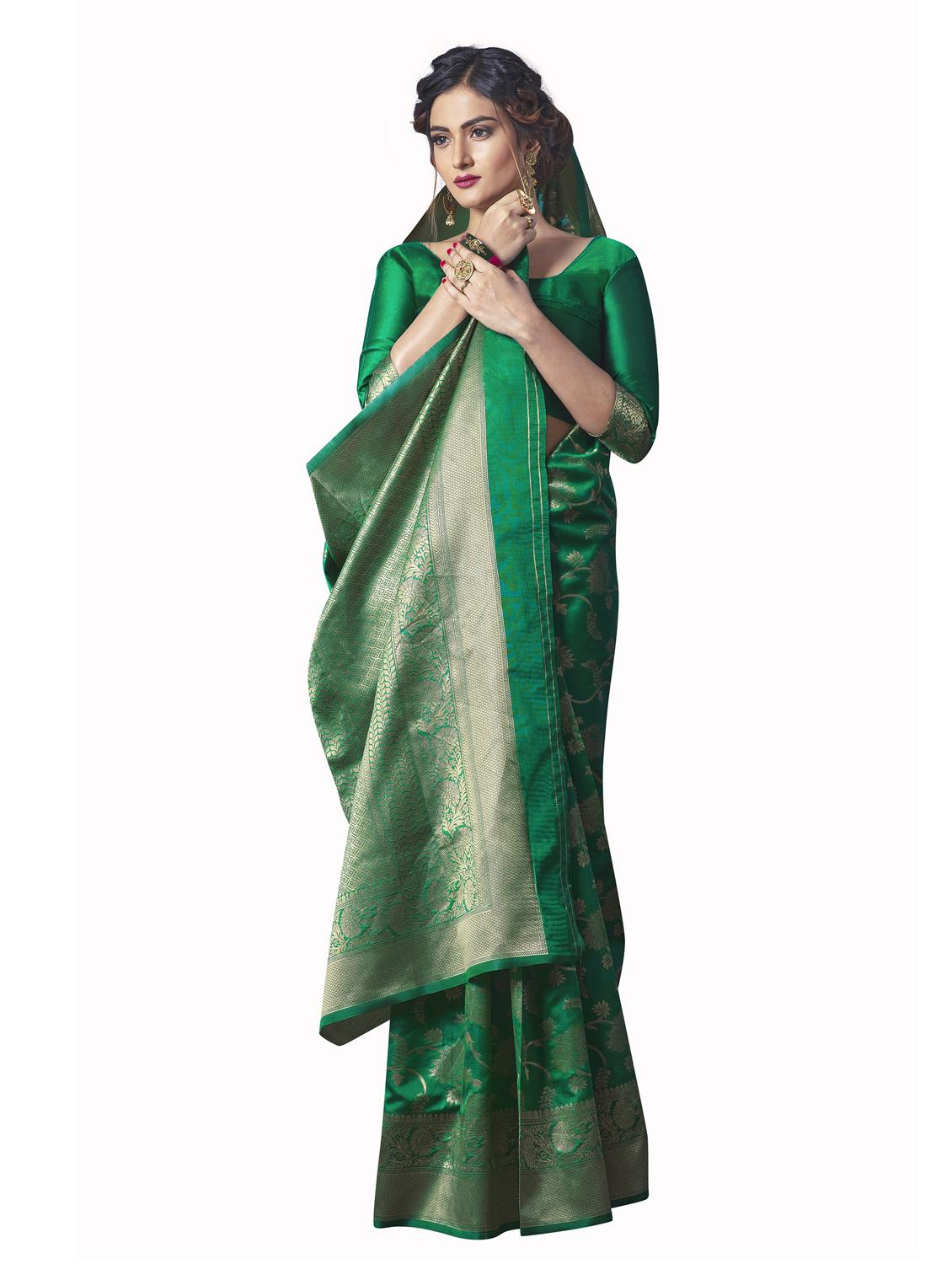 green silk blend banarasi saree with blouse - 18218768 - Zoom Image - 0