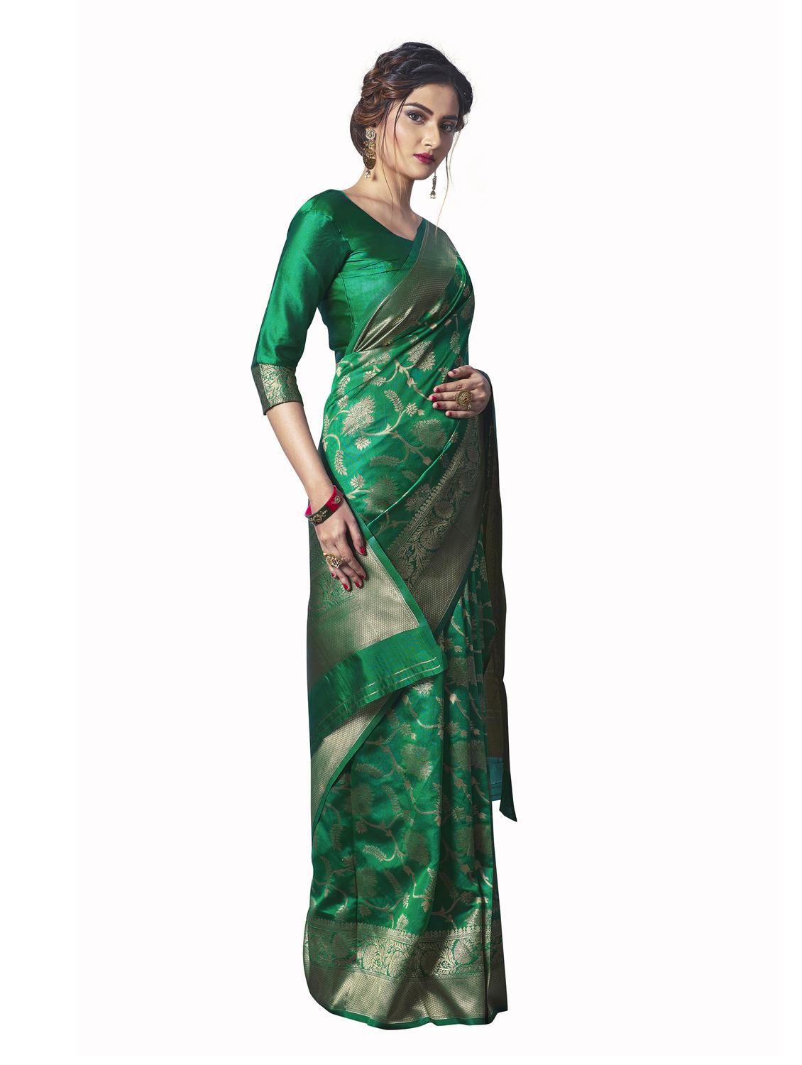 green silk blend banarasi saree with blouse - 18218768 - Standard Image - 3