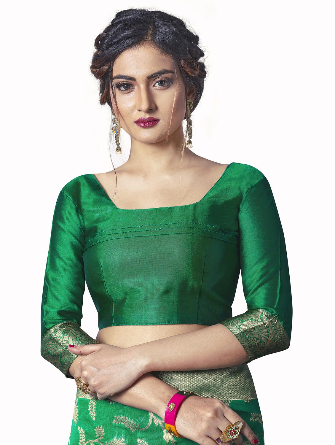 green silk blend banarasi saree with blouse - 18218768 - Standard Image - 5