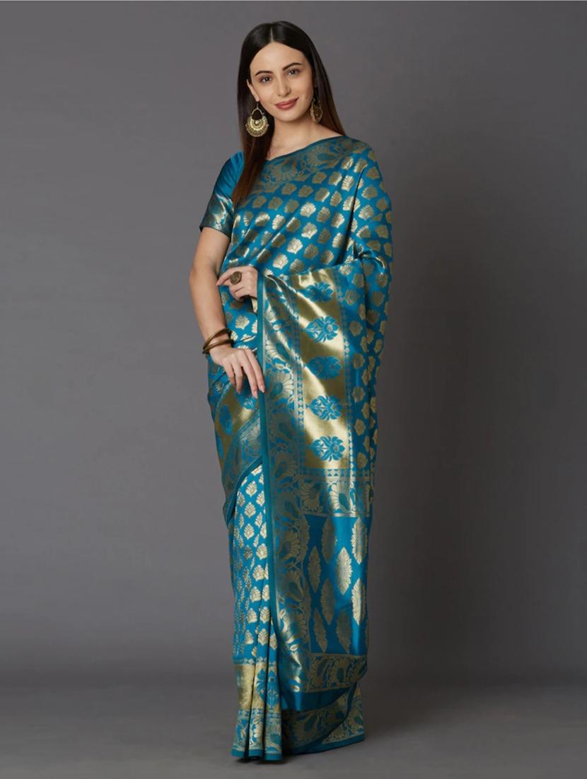 green silk blend banarasi saree with blouse - 18218773 - Zoom Image - 0