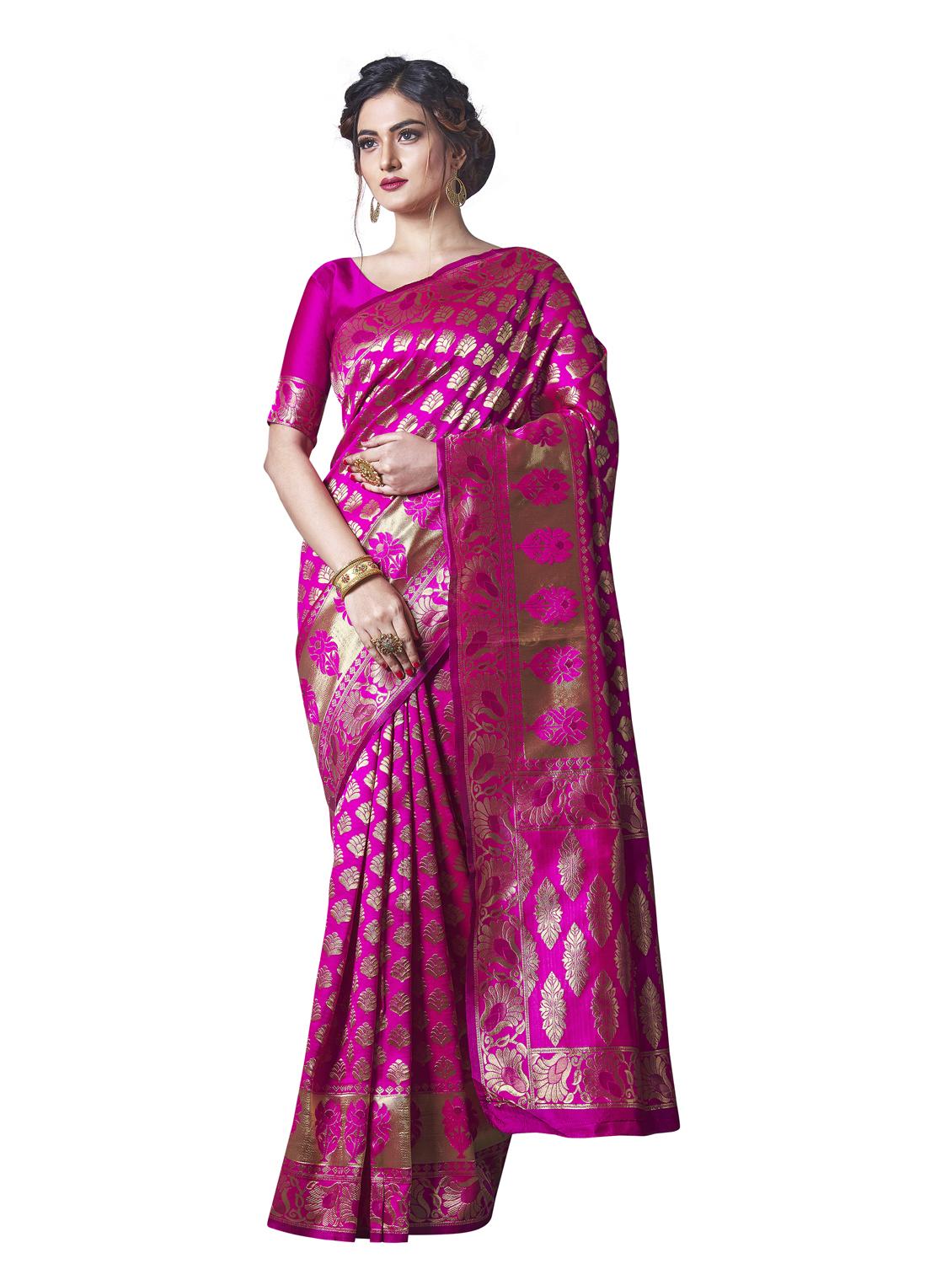magenta silk blend banarasi saree with blouse - 18218778 - Zoom Image - 0