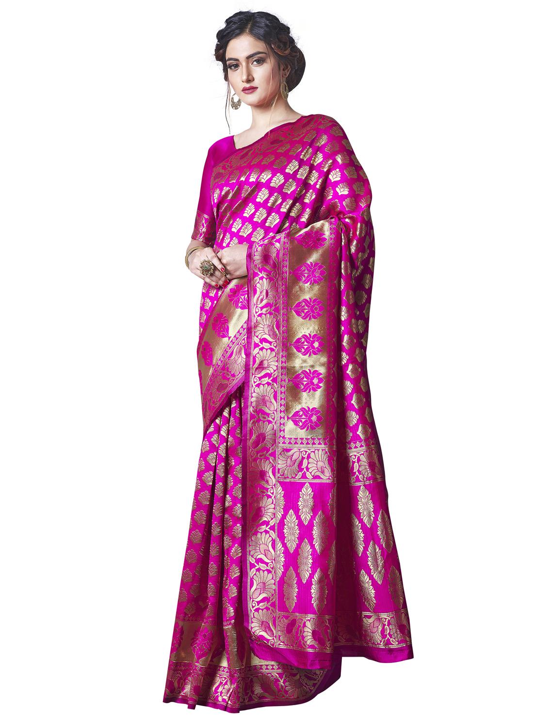 magenta silk blend banarasi saree with blouse - 18218778 - Standard Image - 3