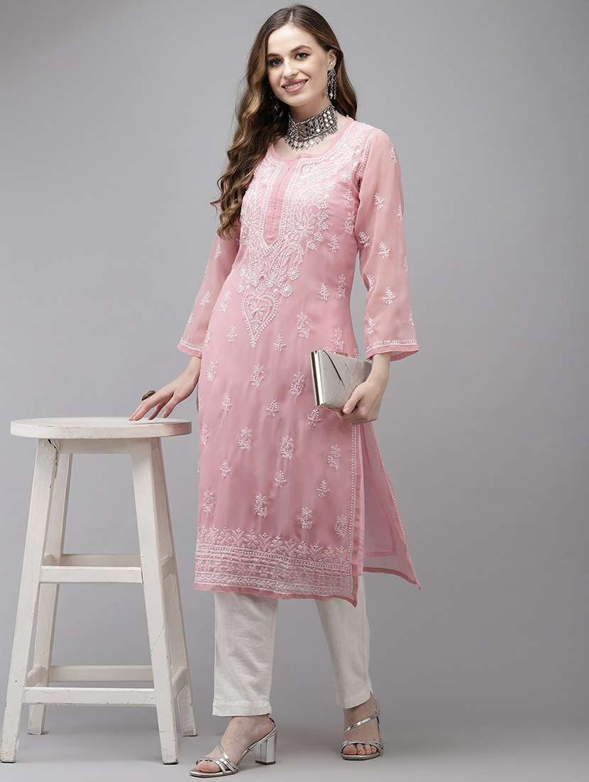 ada hand embroidered dusty pink georgette lucknow chikankari kurta with slip - 18219624 -  Standard Image - 3