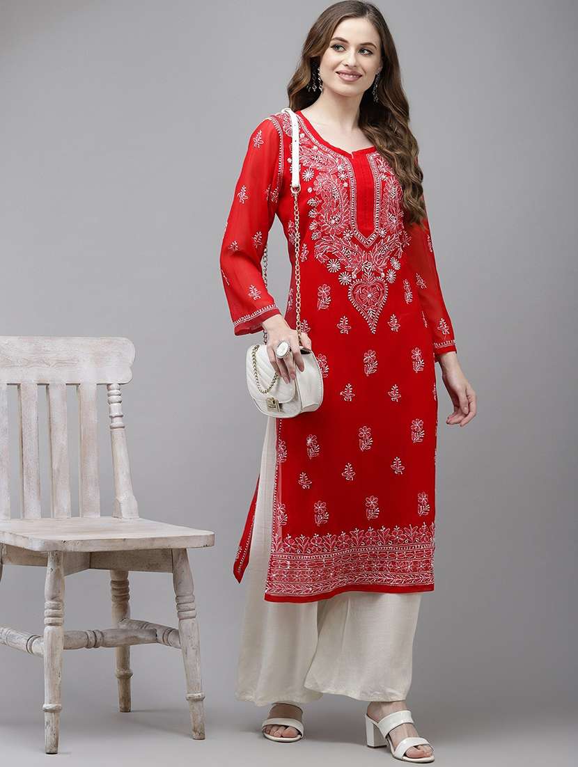 ada hand embroidered red georgette lucknow chikankari kurta with slip - 18219625 -  Standard Image - 3
