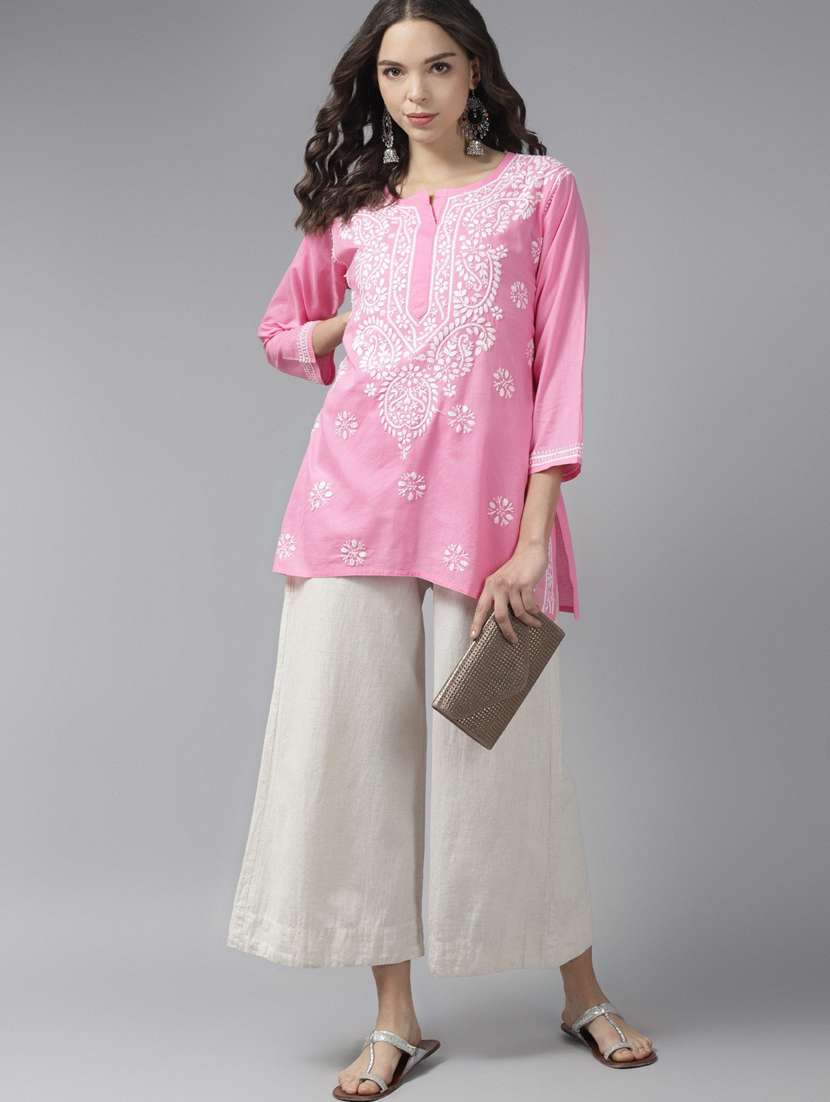 ada hand embroidered pink cotton lucknow chikan kurti 	 - 18223527 -  Standard Image - 3