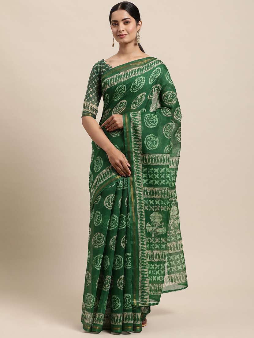 women's printed green colored saree with blouse