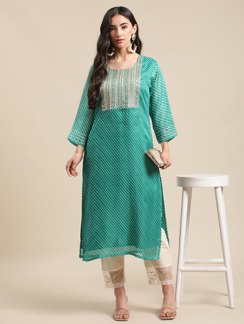 teal cotton blend kurta pant set - 18223897 - Standard Image - 3