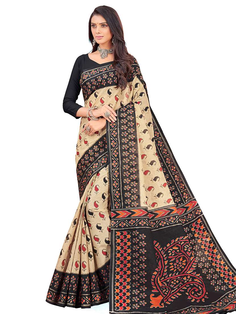 women's printed black colored saree with blouse