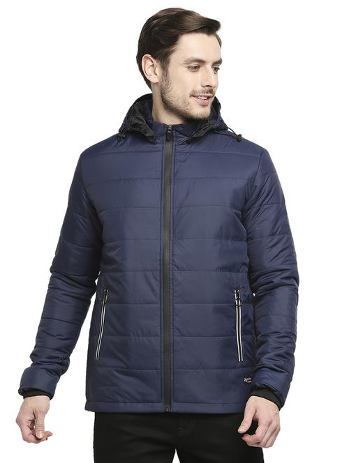 navy blue solid hooded quilted jacket - 18225979 - Standard Image - 0