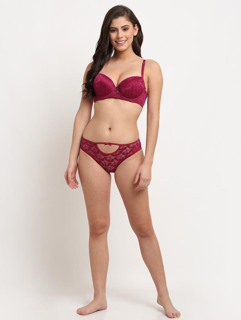 maroon solid bras and panty set - 18226052 - Standard Image - 3