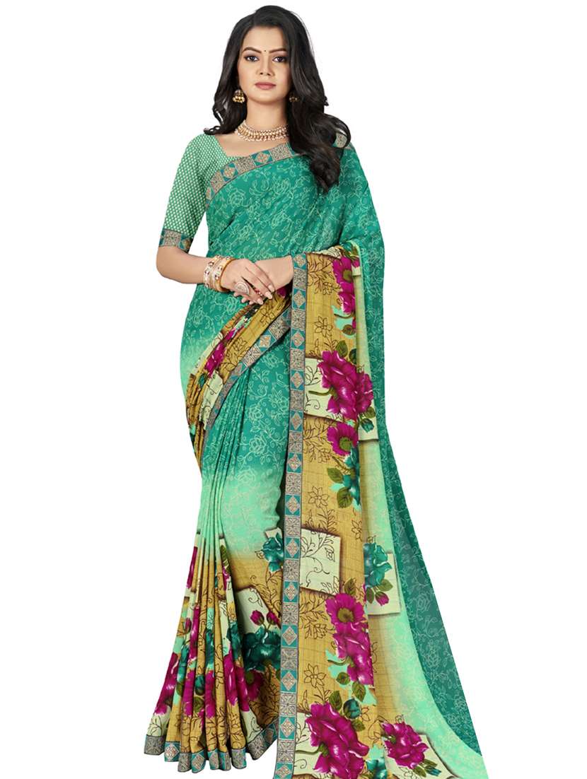 green printed saree with blouse - 18226096 -  Zoom Image - 0