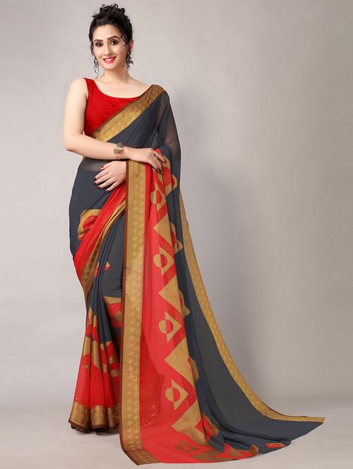 grey chiffon printed saree with blouse - 18226303 -  Standard Image - 0