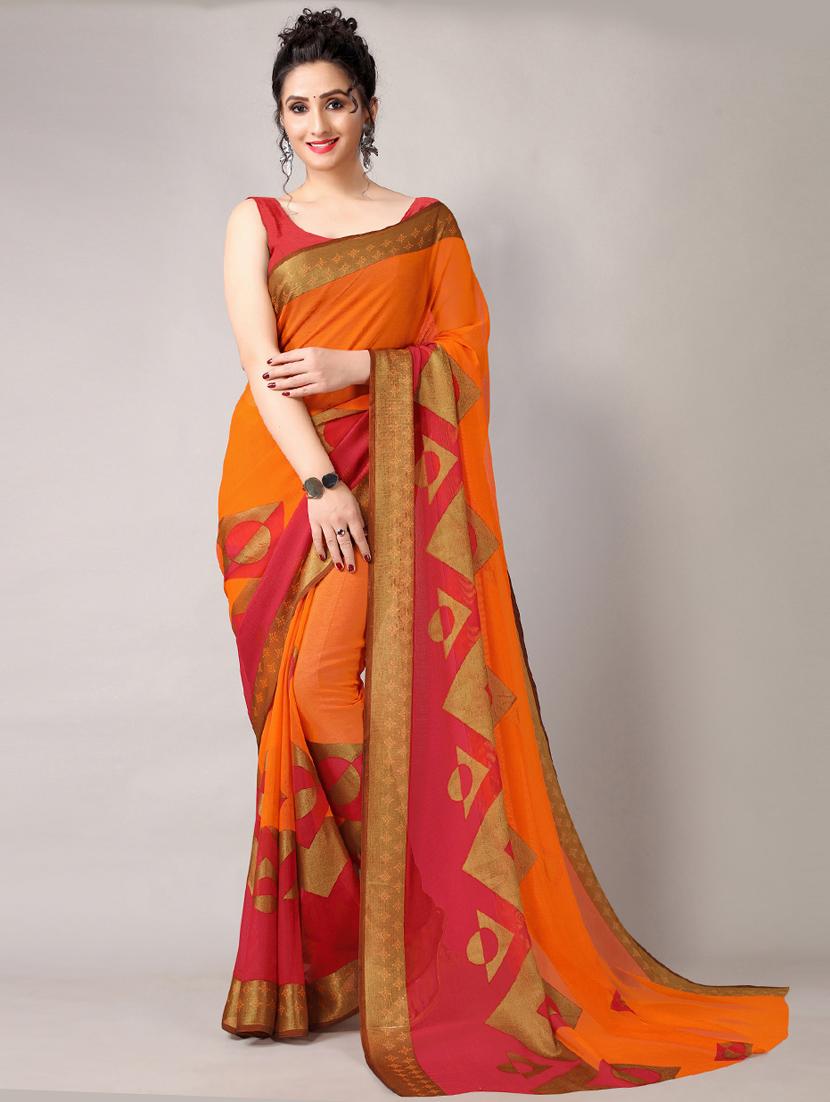orange chiffon printed saree with blouse - 18226305 - Zoom Image - 0