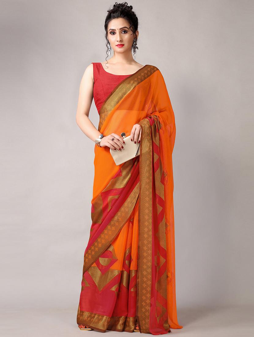 orange chiffon printed saree with blouse - 18226305 - Standard Image - 3
