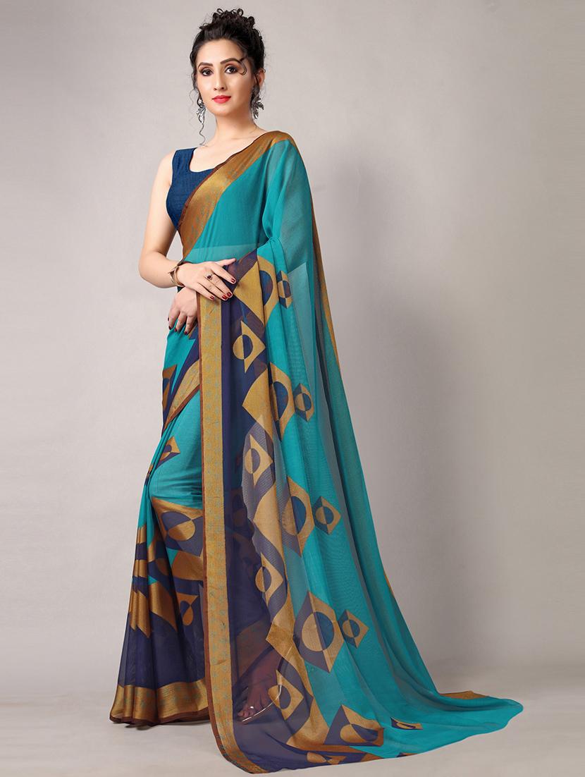 turquoise chiffon printed saree with blouse - 18226307 - Zoom Image - 0