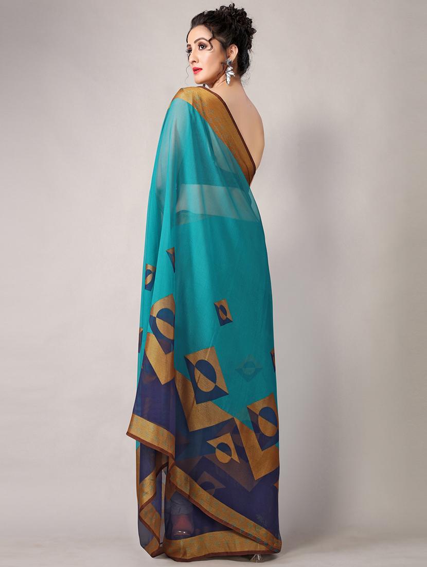 turquoise chiffon printed saree with blouse - 18226307 - Standard Image - 3