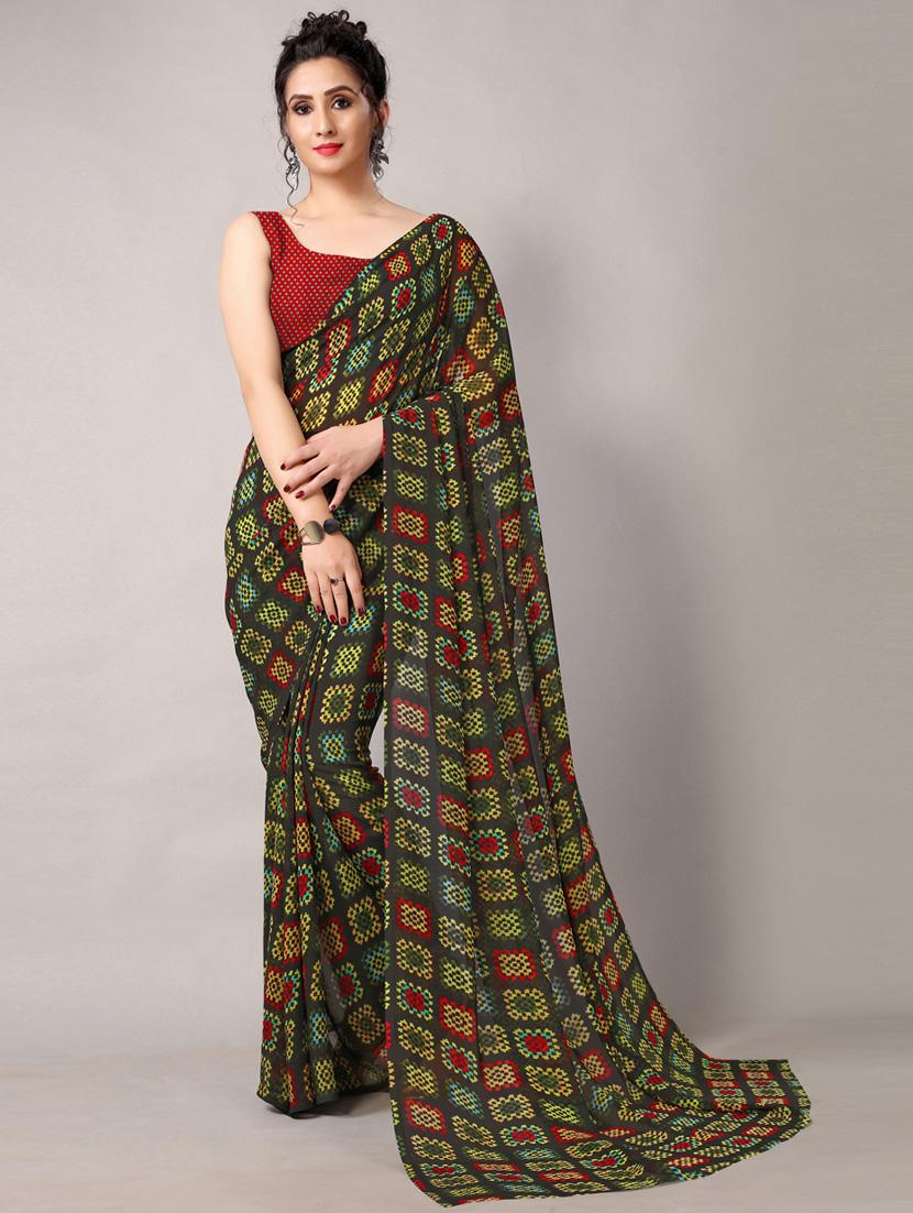 black georgette printed saree with blouse - 18226309 - Zoom Image - 0