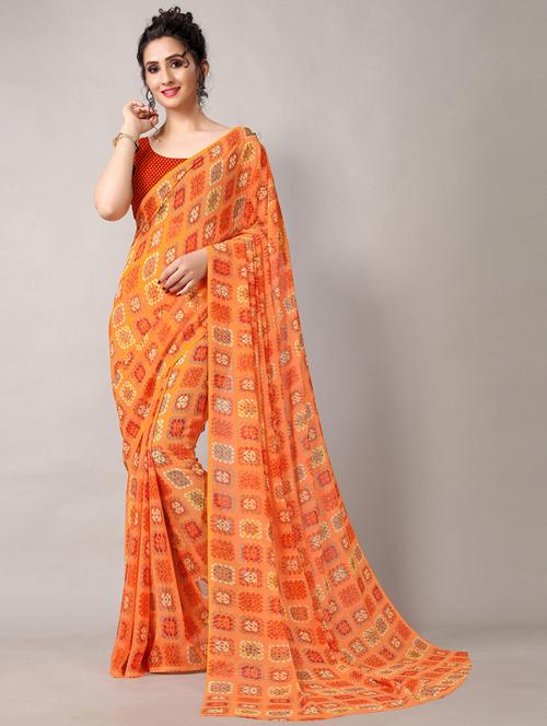 orange georgette printed saree with blouse - 18226312 - Standard Image - 0
