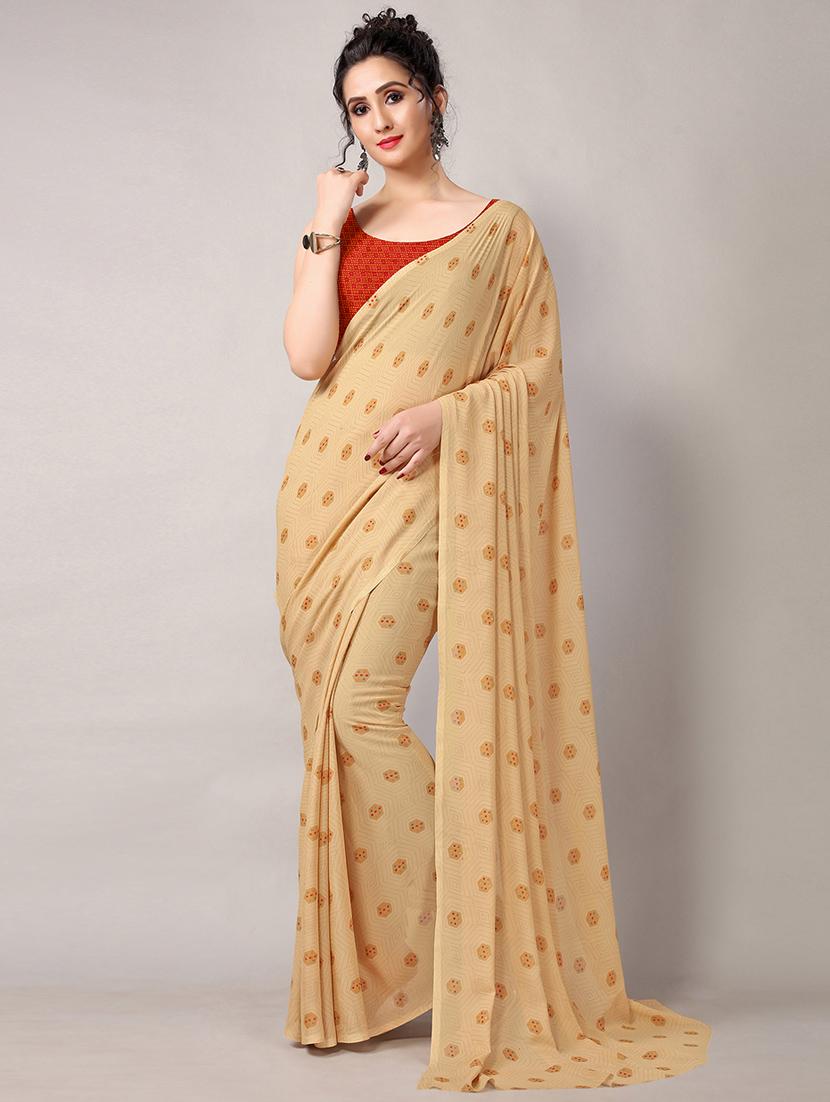 beige georgette printed saree with blouse - 18226319 - Zoom Image - 0