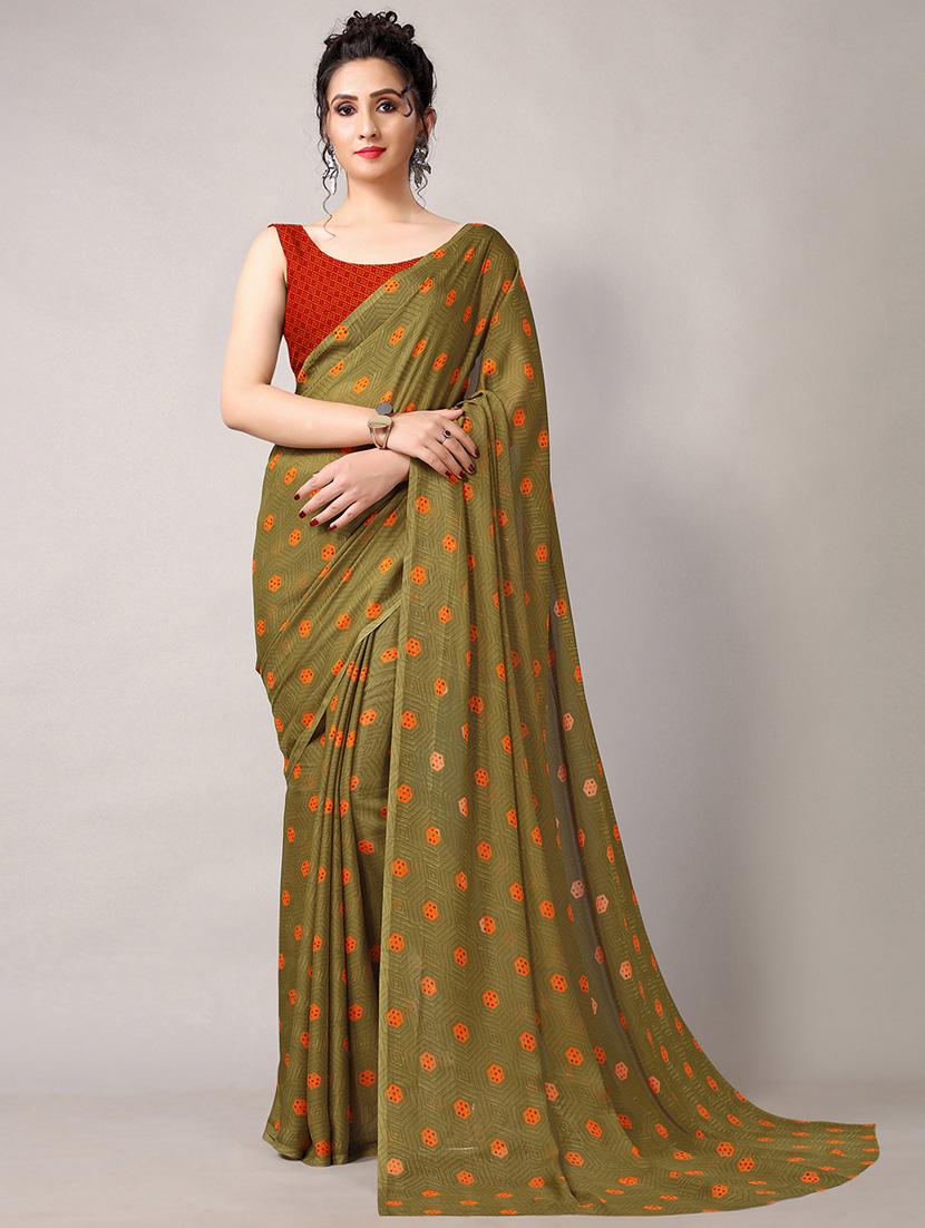 olive. georgette printed saree with blouse - 18226322 - Zoom Image - 0