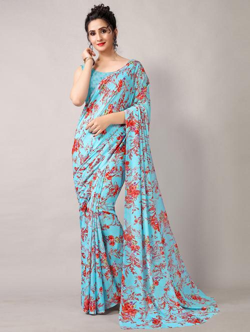 turquoise georgette printed saree with blouse - 18226327 -  Standard Image - 0