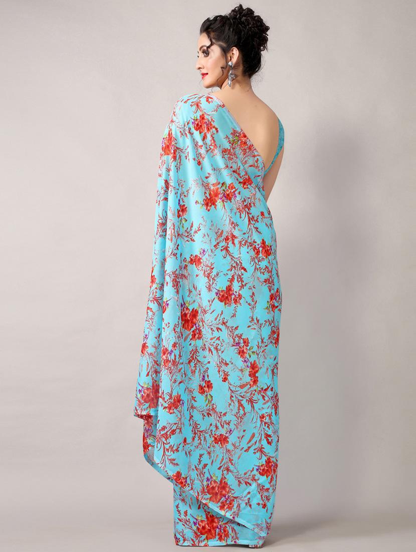 turquoise georgette printed saree with blouse - 18226327 - Standard Image - 3