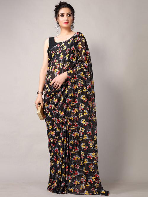 women's floral black colored saree with blouse - 18226330 - Standard Image - 0