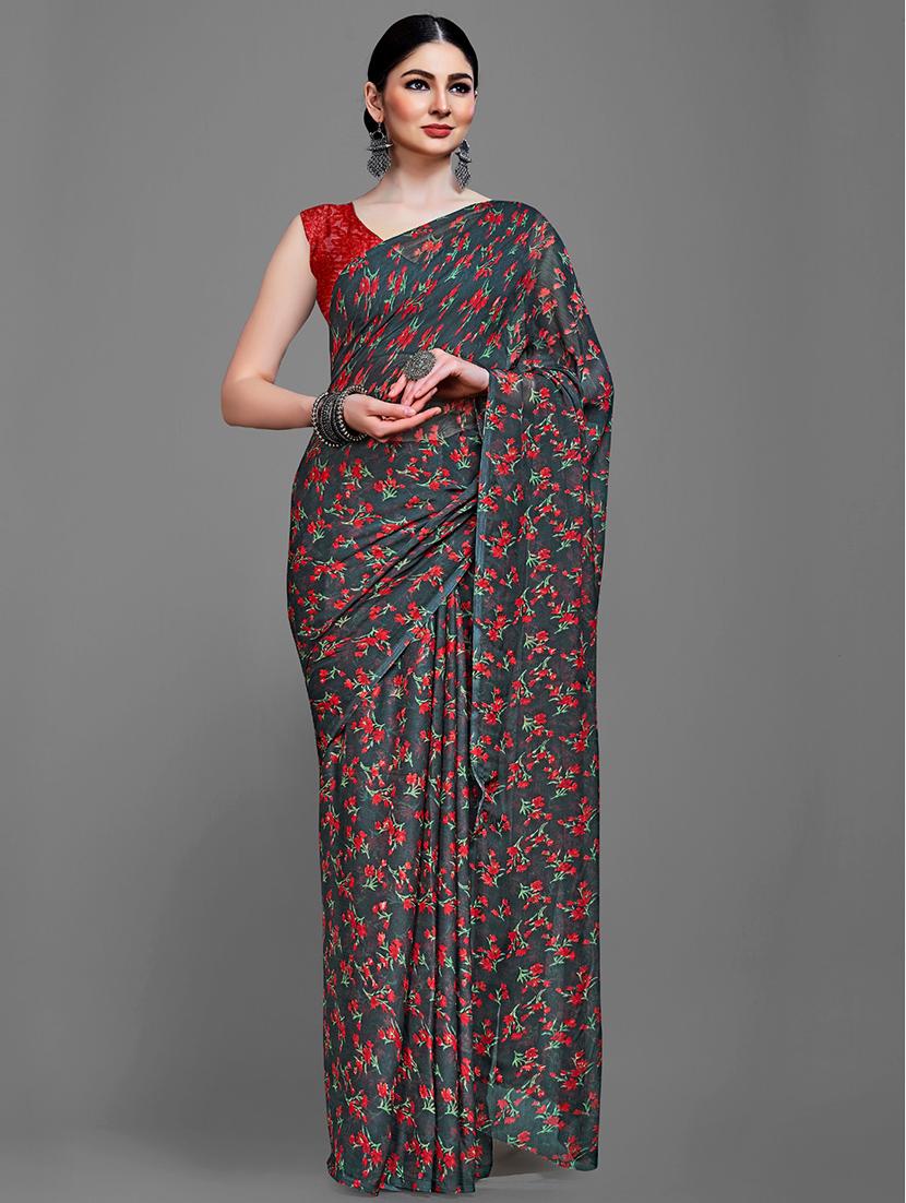 black chiffon printed saree with blouse - 18226990 - Zoom Image - 0