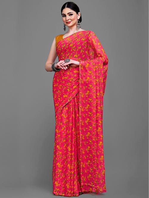 pink chiffon printed saree with blouse - 18226991 - Standard Image - 0