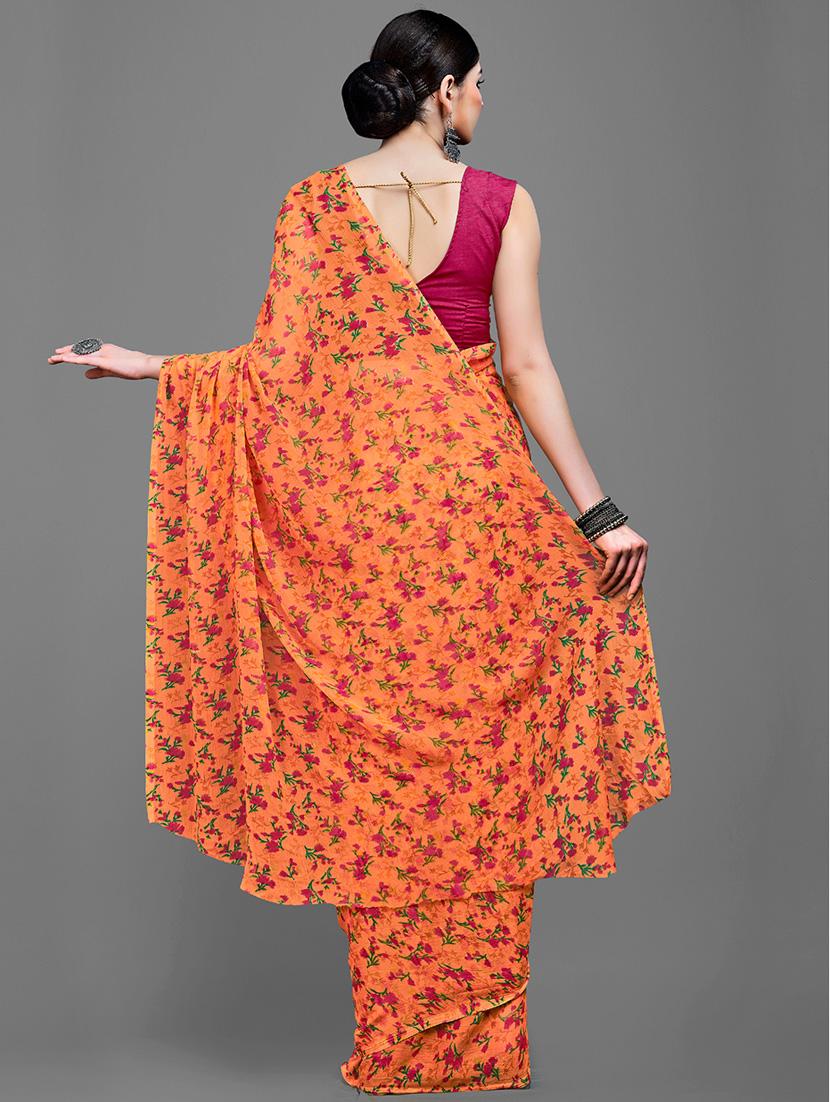orange chiffon printed saree with blouse - 18226995 - Standard Image - 3