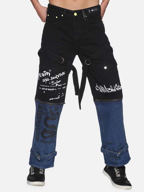 black color-blocked zipper-attachment washed jean - 18228562 - Standard Image - 0