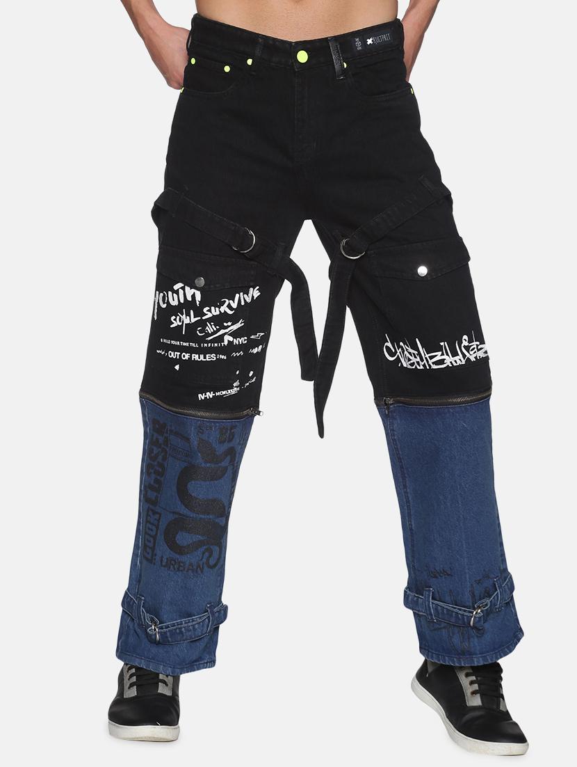 black color-blocked zipper-attachment washed jean - 18228562 - Zoom Image - 0