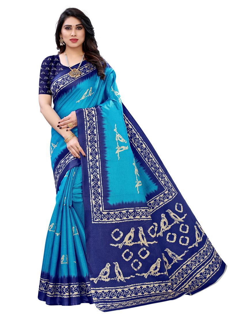 blue linen printed saree with blouse - 18229768 - Zoom Image - 0
