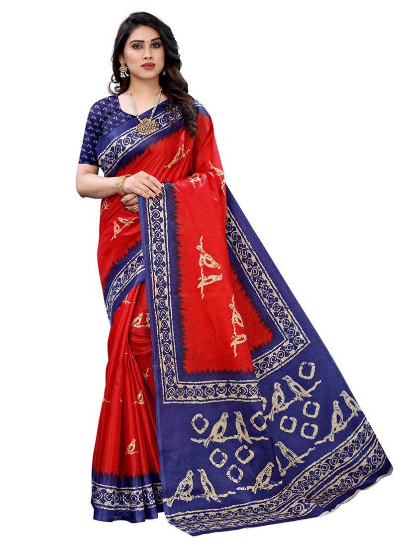 red linen printed saree with blouse - 18229771 - Zoom Image - 0